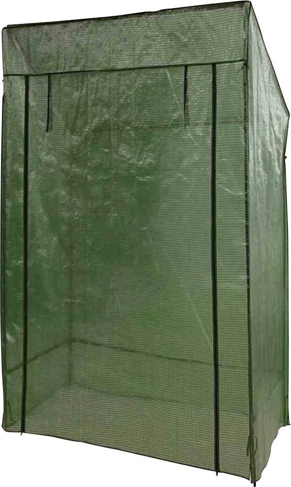 Grünes Gewächshaus mit rechteckiger Form und Gitternetzabdeckung, geeignet für den Schutz von Pflanzen vor Witterungseinflüssen.