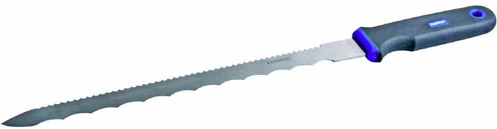 Ein langes, gezahntes Messer mit schwarzem und blauem Griff, geeignet zum Schneiden von Brot oder Fleisch.
