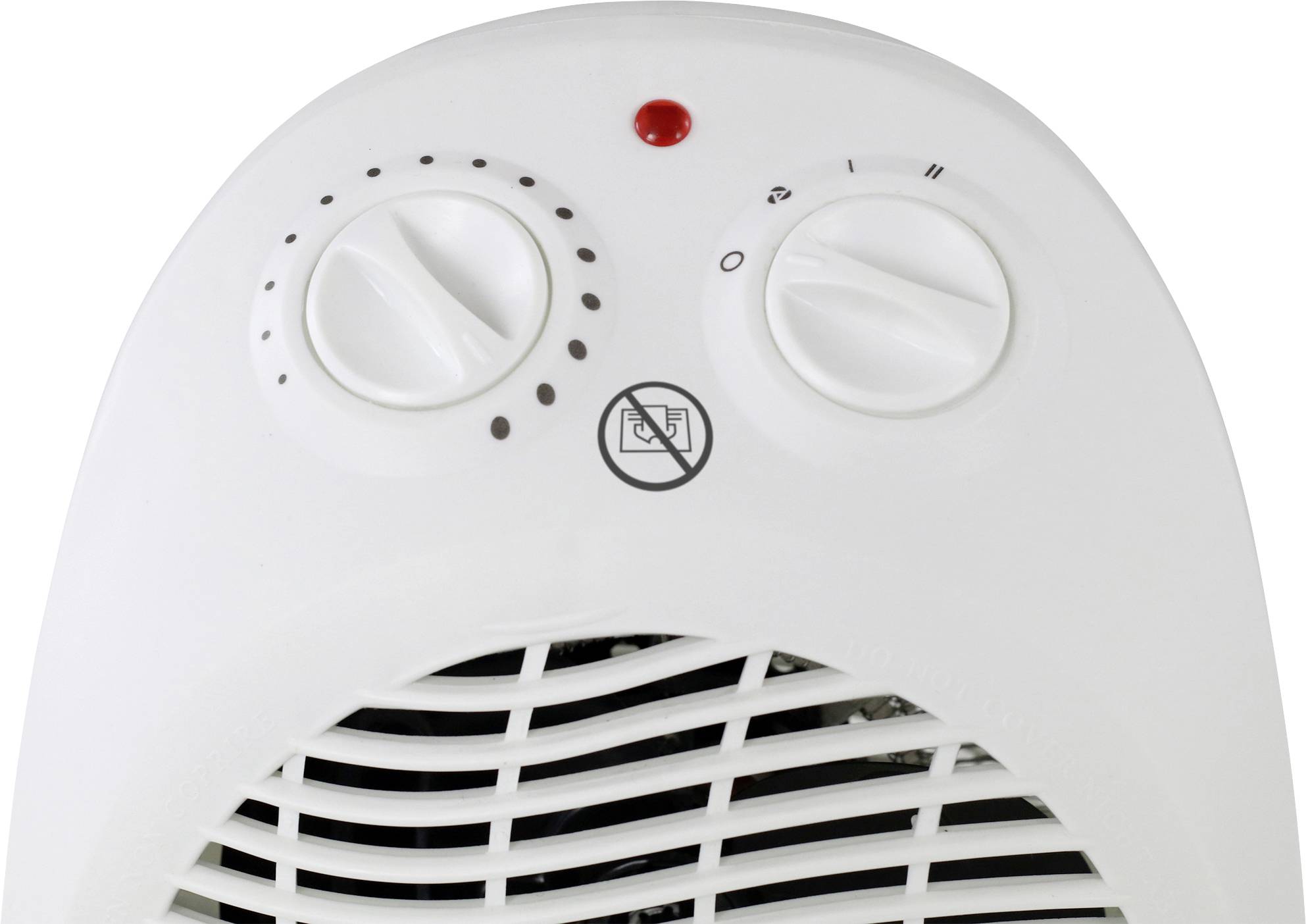 Weiße elektrische Heizung mit zwei Drehschaltern zur Temperaturregelung und Betriebsleiste, darunter Lüftungsgitter.