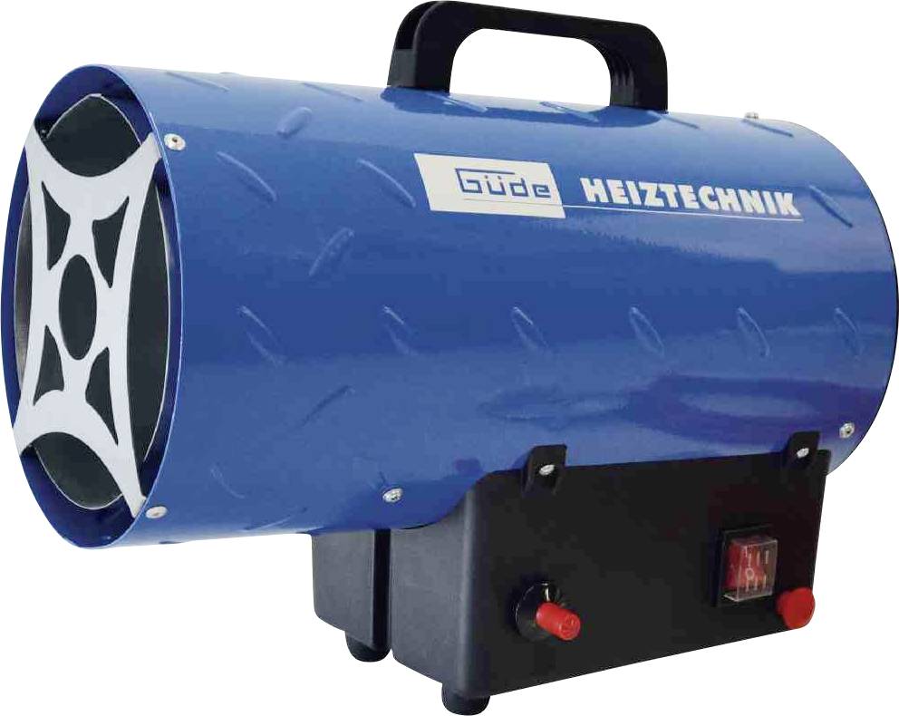 Tragbarer, blauer Heizlüfter mit schwarzem Griff, Herstelleraufdruck und Steuerknöpfen an der Vorderseite.