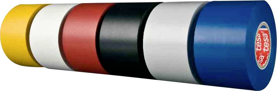 Sechs Rollen farbigen Klebebands in Gelb, Weiß, Rot, Schwarz, Grau und Blau, nebeneinander aufgestellt.