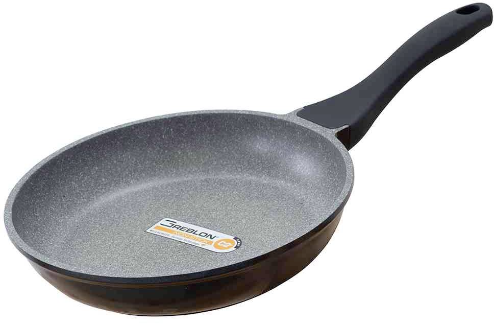 Graue Antihaft-Pfanne mit schwarzem Griff. Geeignet zum Braten und Kochen verschiedener Speisen.