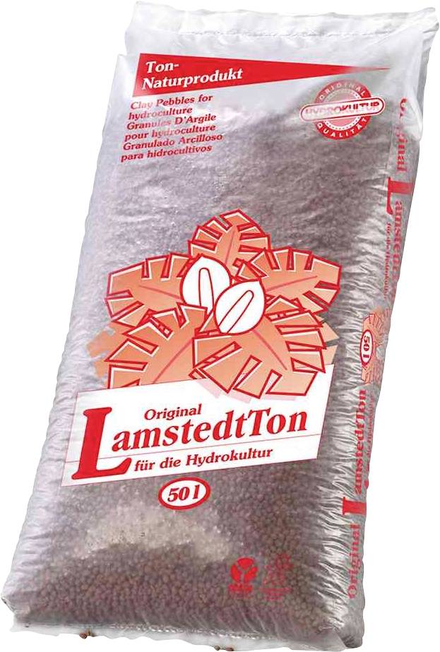Eine Kunststoffverpackung mit der Aufschrift 'Original LamstedtTon für die Hydrokultur'. Enthält Blähton, 50 Liter.