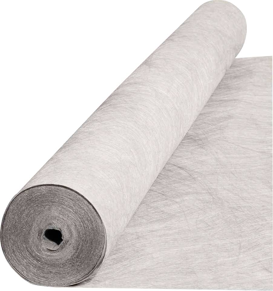 Eine Rolle Vliesstoff wird teilweise abgerollt gezeigt, ideal für Gartenarbeiten oder Bauprojekte, bietet Stabilität und Schutz.