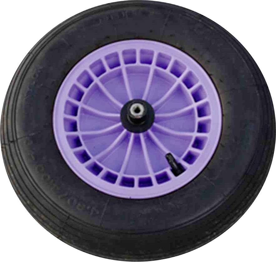 Schwarzes Rad mit lila Speichen und silberner Nabe, geeignet für leichte Fahrzeuge oder Rollwagen.