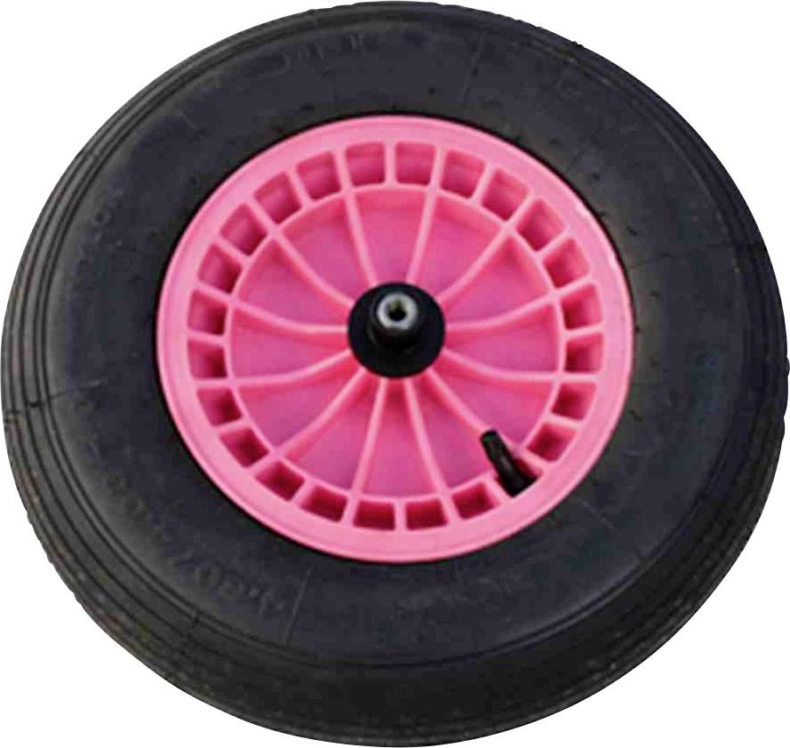Ein schwarzes Rad mit einer pinken Felge und einem Ventil in der Mitte.