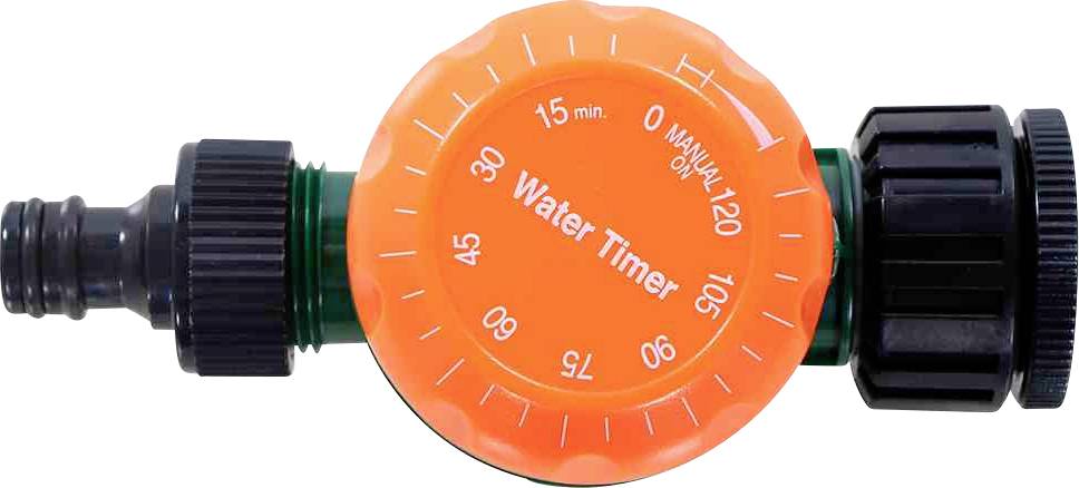 Wasserzeitschaltuhr mit orangem Zifferblatt und Skala von 0 bis 120 Minuten.