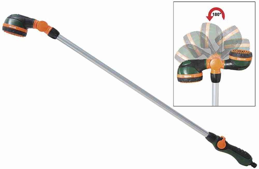 Langer Sprühstab mit verstellbarem Kopf, zeigt verschiedene Winkel bis 180 Grad; eignet sich zum Gießen von Pflanzen aus der Ferne.