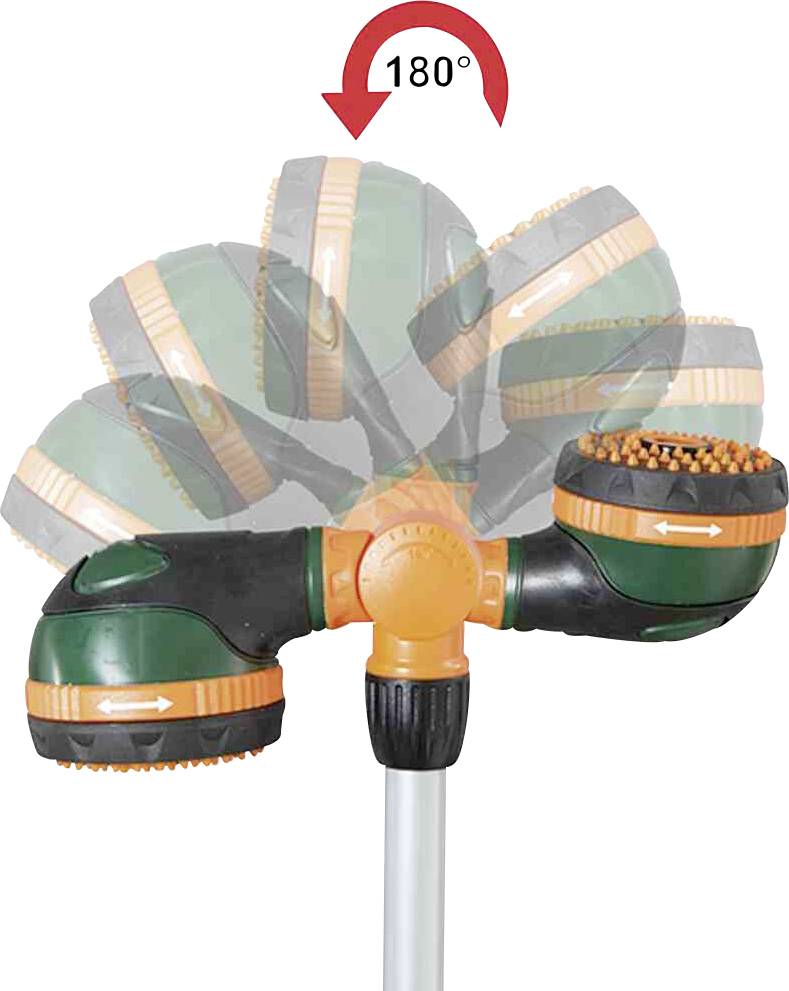 Düse mit drehbarem Kopf, 180-Grad-Drehung. Zwei seitliche Abgänge mit Pfeilen zur Richtungsanpassung. Für gezielte Bewässerung.