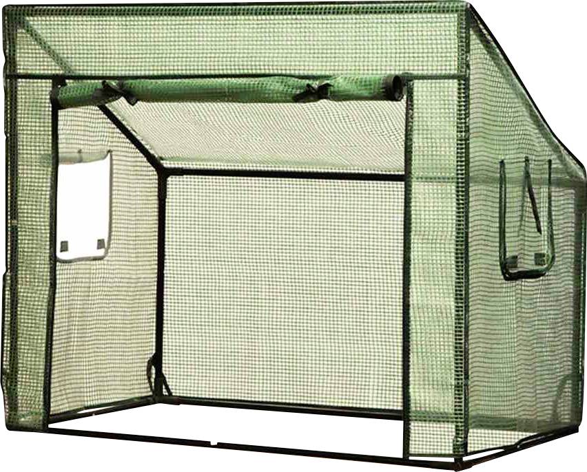 Ein kleines, grünes Gewächshaus aus Gitterfolie mit einer rechteckigen, offenen Front. Es hat Fenster und ist für den Garten geeignet.