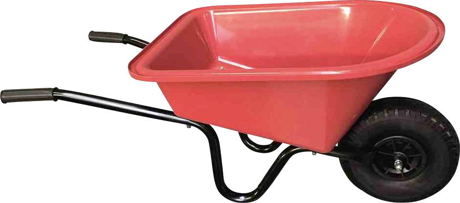 Einzelne rote Schubkarre mit schwarzem Gestell und einem Rad, auf einer weißen Fläche platziert.