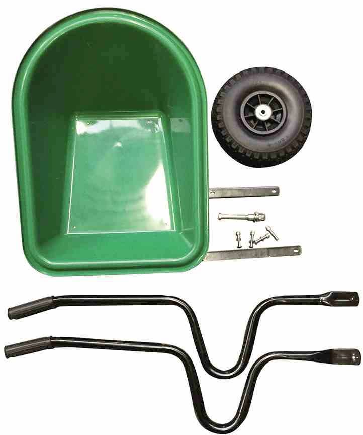 'Bausatz für eine Schubkarre' mit grünem Behälter, einem schwarzen Rad, Metallteilen und zwei schwarzen Griffen auf weißem Hintergrund.