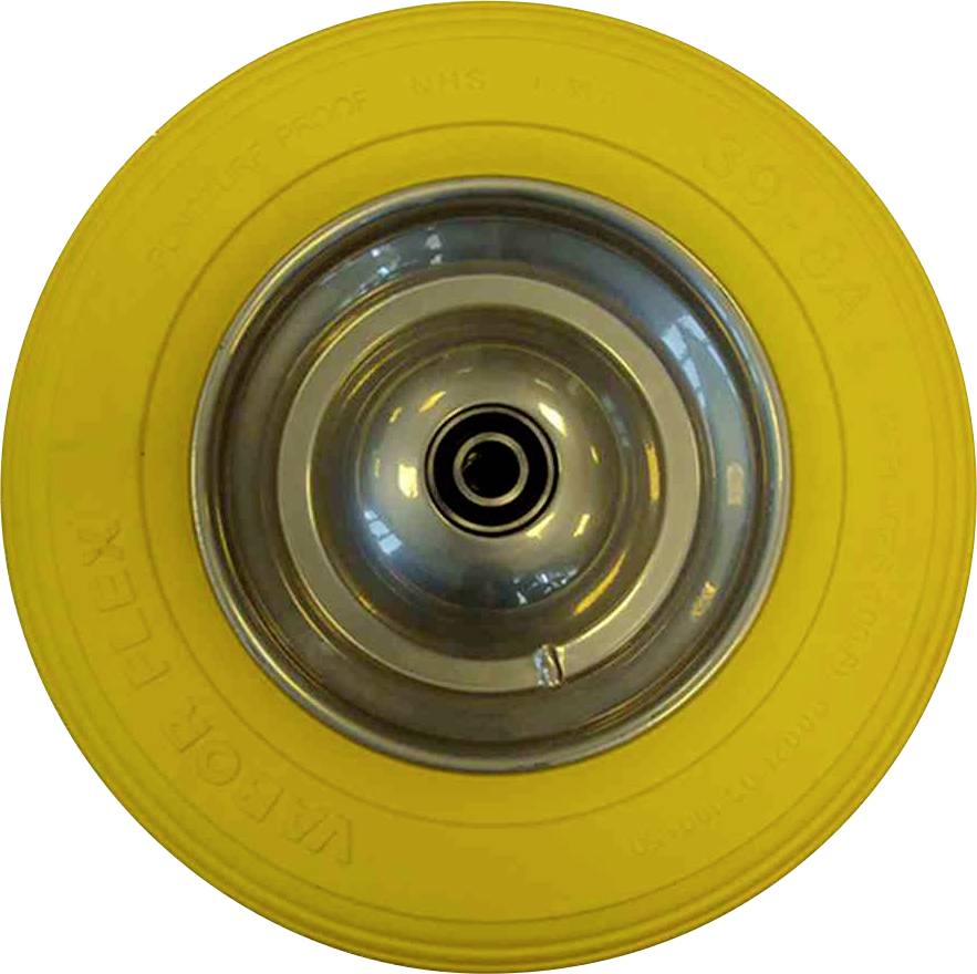 Gelbes Gummi-Rollenrad mit silberner Metallscheibe in der Mitte, geeignet für robuste und flexible Anwendungen.