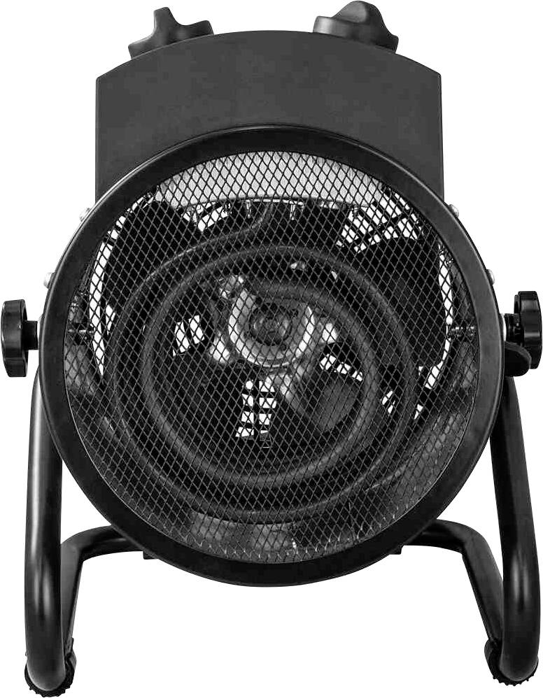 Ein schwarzer elektrischer Heizlüfter mit rundem Gitter und Standfuß, der für die Beheizung von Innenräumen verwendet wird.