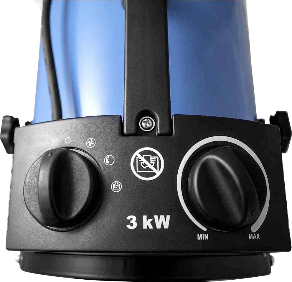 Auf einem schwarzen Bedienfeld mit zwei Drehknöpfen steht '3 kW'. Ein Symbol weist darauf hin, dass ein bestimmtes Verhalten verboten ist.