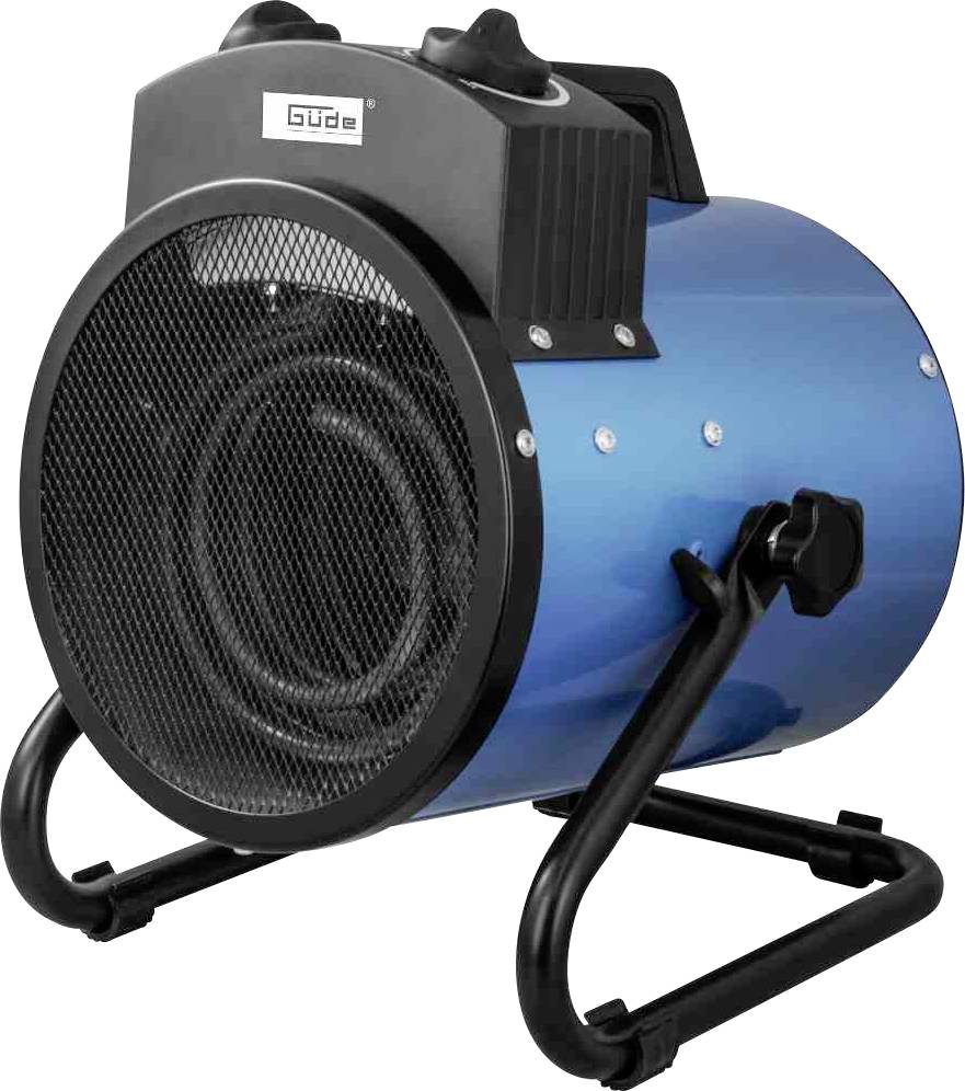 Ein blauer elektrischer Heizlüfter mit einem runden Gehäuse und schwarzem Schutzgitter steht auf einem Standfuß.