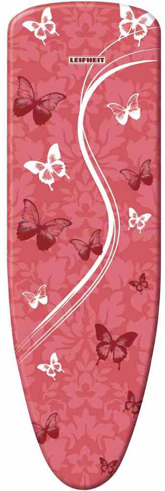 Bügelbrettbezug mit Schmetterlingsmotiv in verschiedenen Rottönen.