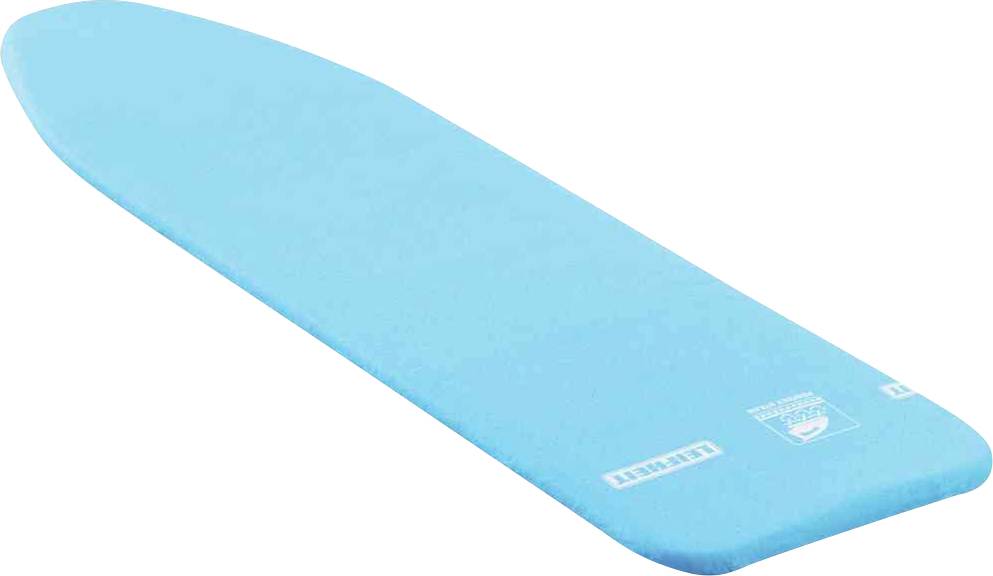 Blauer Bezug eines Bügelbrettes von Leifheit mit Markenlogo, glatt und rechteckig geformt.