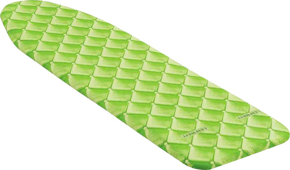 Ein grünes Bügelbrettbezug mit Fischgrätmuster.