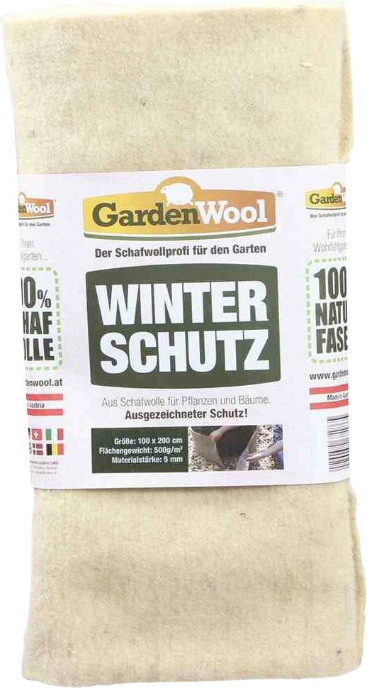 Produktverpackung mit der Aufschrift 'GardenWool Winterschutz'. Hergestellt aus 100% Schafwolle, zum Schutz von Pflanzen und Bäumen im Winter.