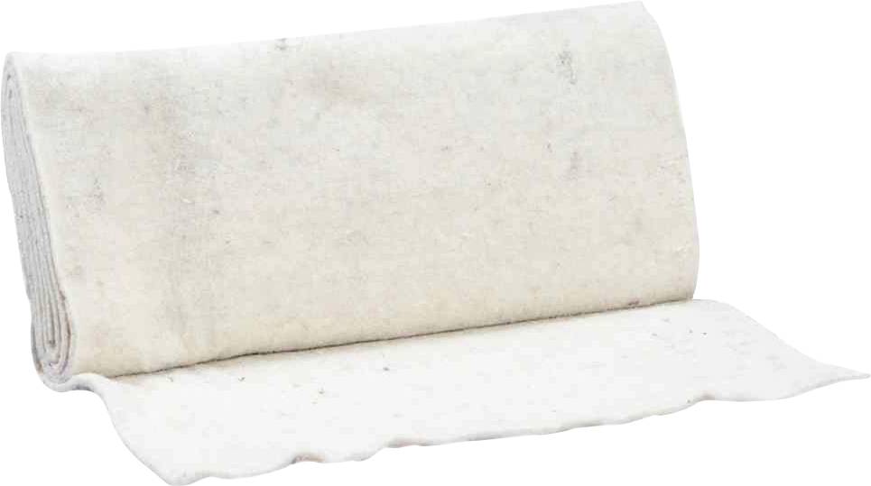 Eine Rolle weißer, dick gefalteter Filzstoff liegt auf einem Tisch. Der Stoff wirkt weich und voluminös.