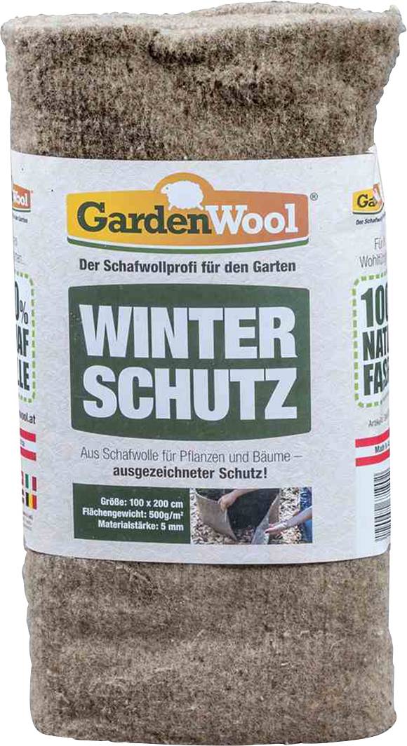 Verpackung von 'GardenWool' Winterschutz aus Schafwolle für Pflanzen und Bäume. Bietet Schutz und besteht aus natürlichem Material.