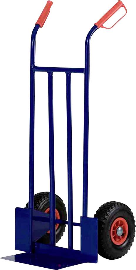 Ein blauer Handwagen mit roten Griffen und schwarzen Rädern. Eignet sich zum Transport schwerer Objekte auf Bau- oder Lagerplätzen.