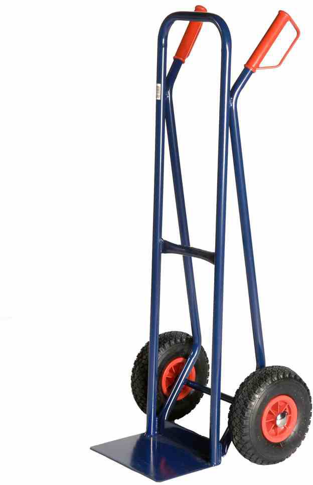 Ein blauer Sackkarren mit roten Griffen und Reifen, stehend aufrecht. Ideal zum Transport schwerer Gegenstände.