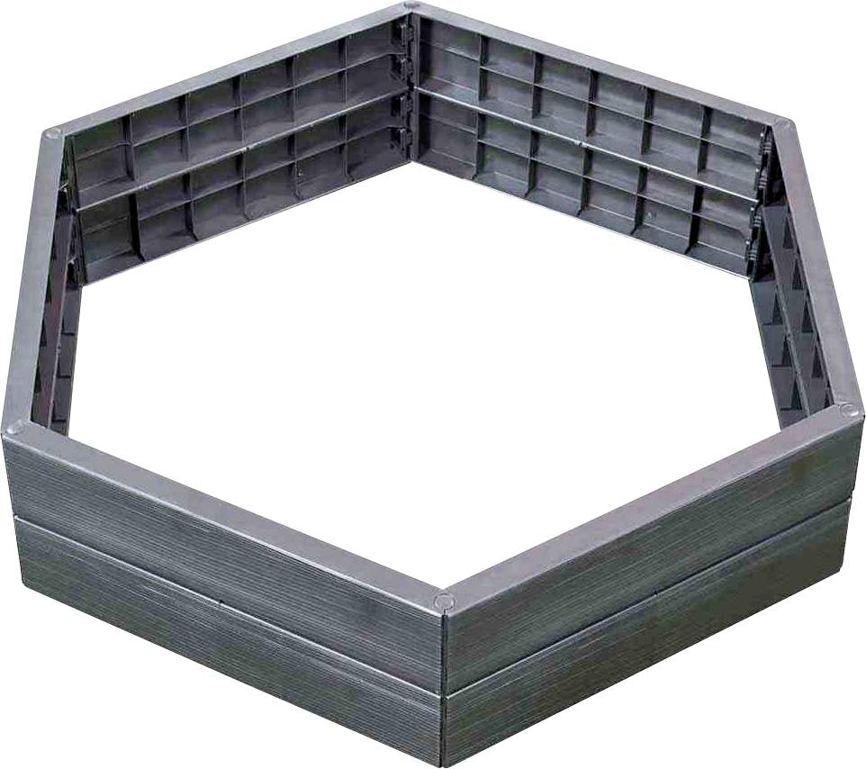 Sechseckiges Hochbeet aus schwarzem Kunststoff. Es ist leer und bietet Platz zum Bepflanzen. Ideal für Gärten oder Terrassen geeignet.