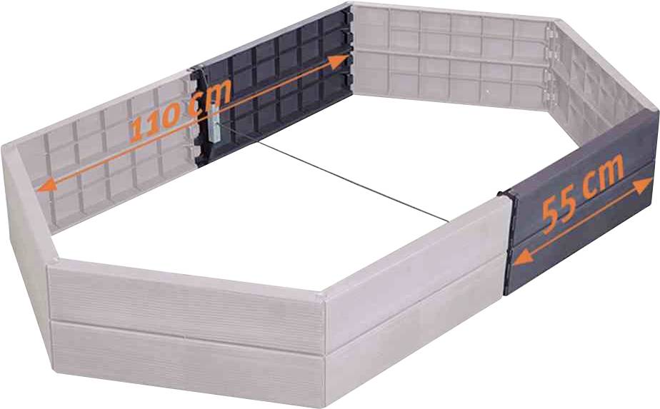 Sechseckiger Sandkasten mit zwei abgebildeten Maßen: 110 cm und 55 cm.