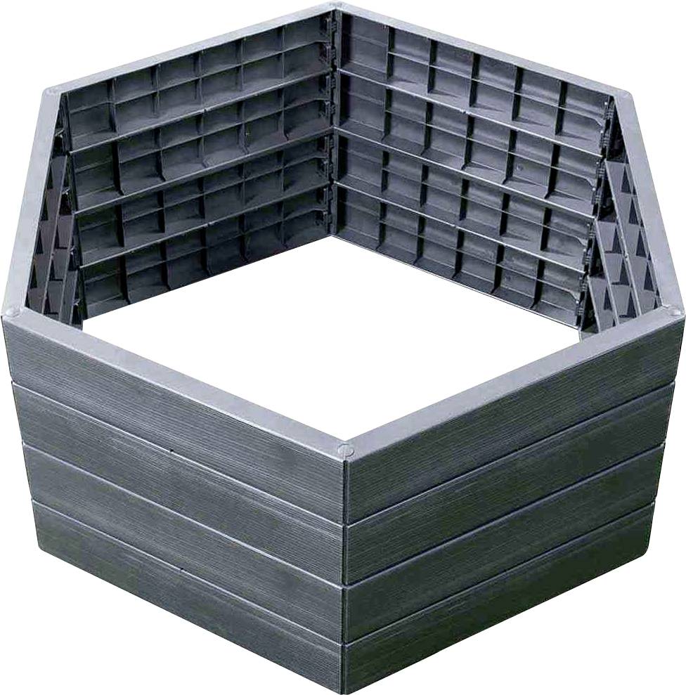 Quadratisches Hochbeet aus dunklem Kunststoff mit verstärkten Innenwänden, geeignet zum Anpflanzen von Gemüse oder Blumen im Garten.