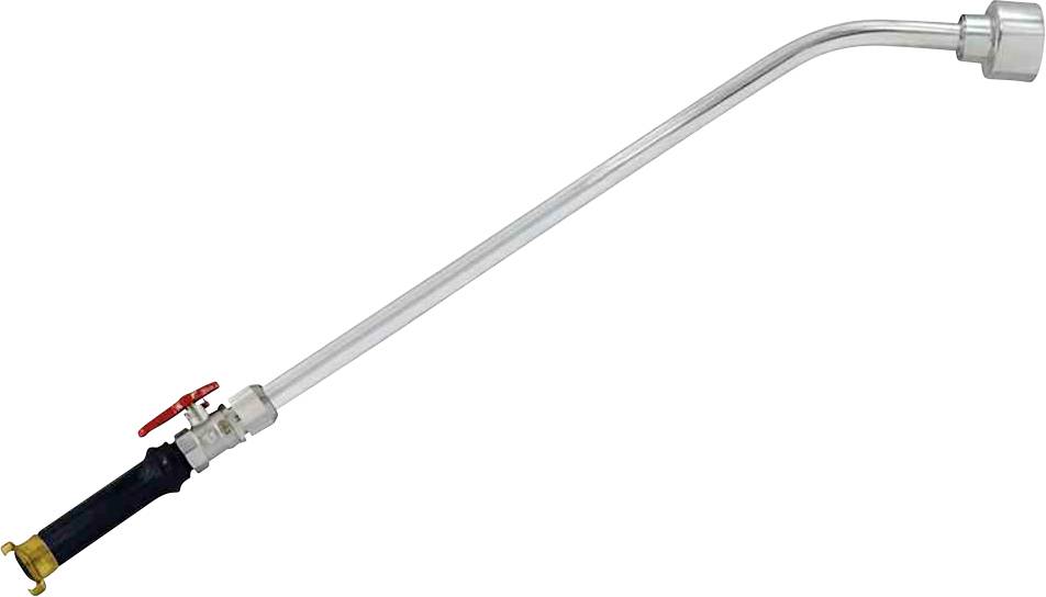 Ein langer, gebogener Metallstab mit Griff und Ventil am unteren Ende, verwendet für Flüssigkeitsübertragung oder Druckreinigung.
