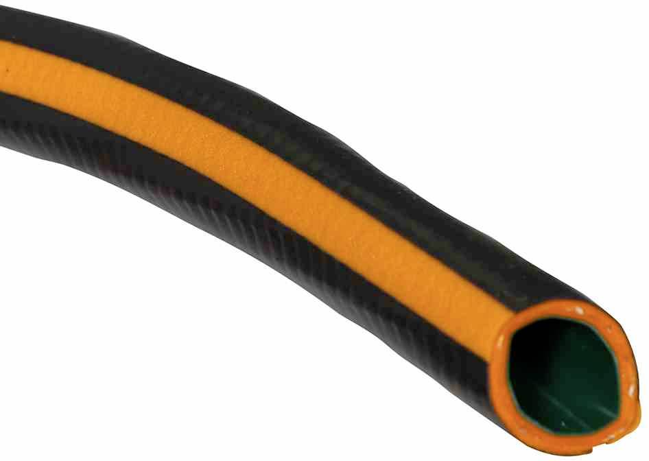 Ein schwarzer Schlauch mit einem orangefarbenen Streifen und grünem Innenbereich.