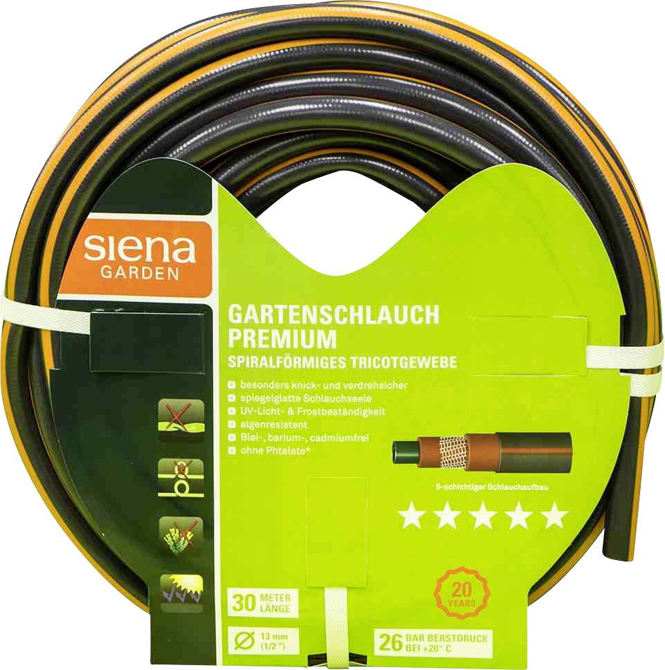'Siena Garden Gartenschlauch Premium' Verpackung zeigt Details: 30 Meter Länge, 20 Jahre Garantie, 26 Bar Berstdruck, spiralförmiges Tricotgewebe.