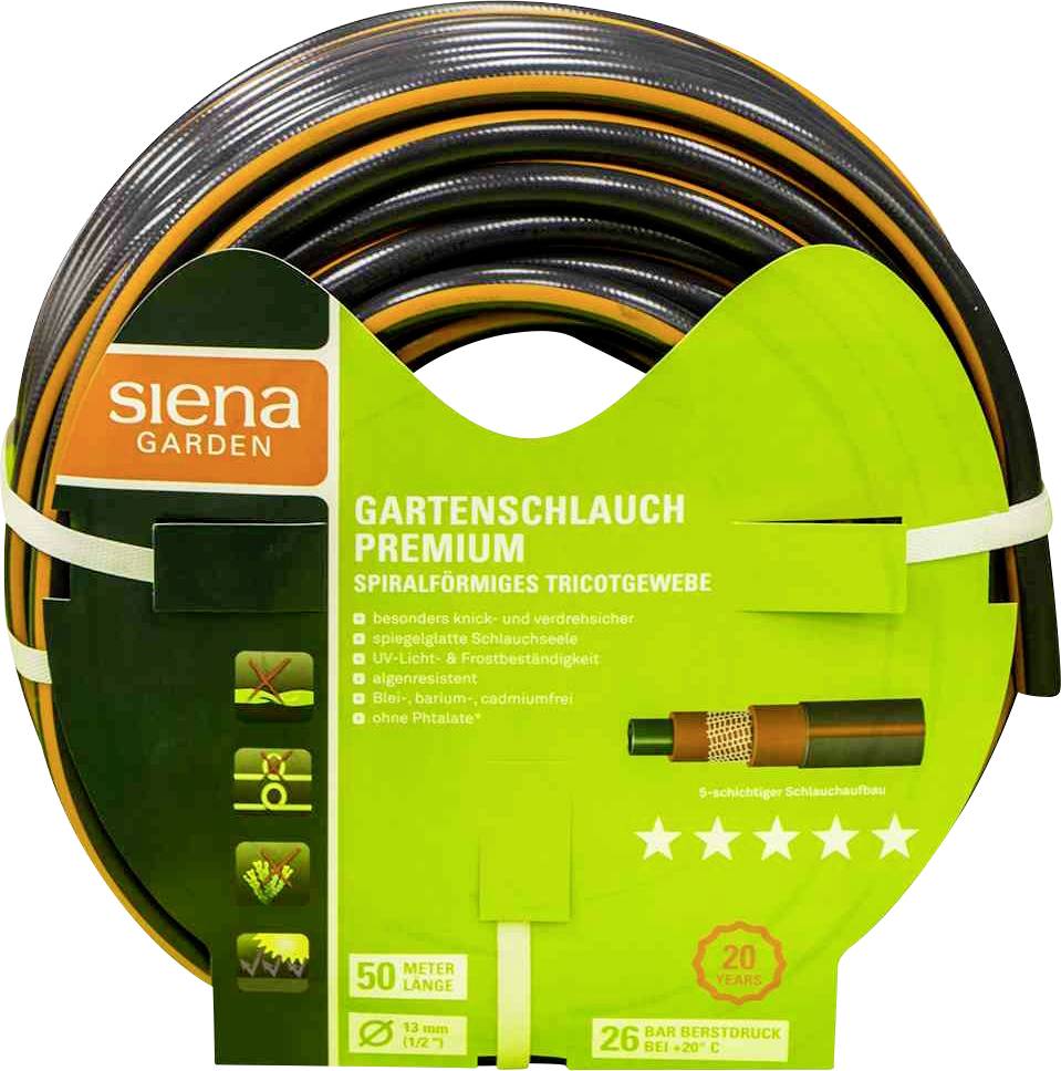 Gartenschlauch 'Siena Garden Premium', spiralförmiges Tricotgewebe, 50 Meter Lang, 13 mm Durchmesser, UV- und algensicher, 26 Bar.