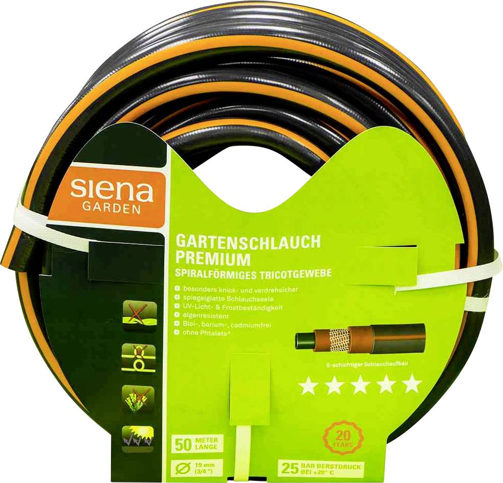 Eine grüne Verpackung mit einem aufgerollten Gartenschlauch 'Siena Garden Gartenschlauch Premium'. Länge: 50 Meter, 25 Jahre Garantie.