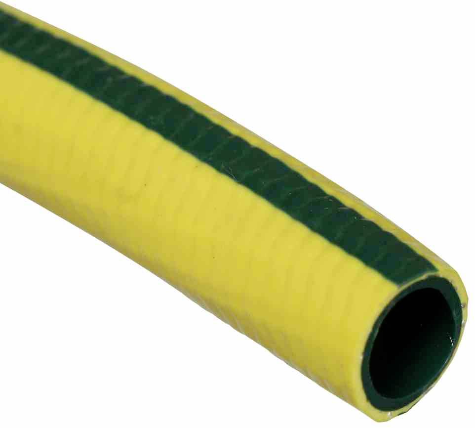 Gelber Gartenschlauch mit grünem Streifen, aus flexiblem Material, für Bewässerungszwecke im Gartenbau geeignet.