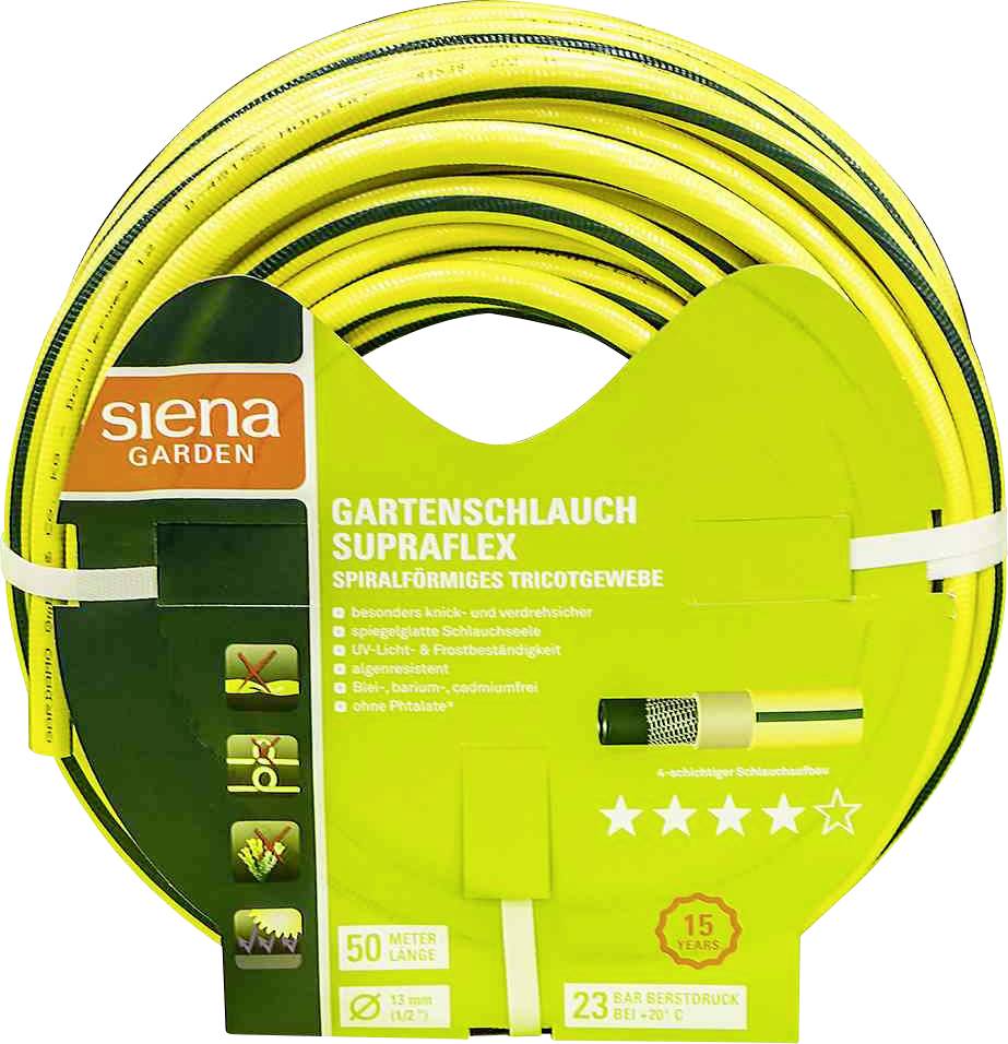 'Gartenschlauch SupraFlex' von Siena Garden, 50 Meter Länge, 23 Bar Druckfestigkeit, grüne Verpackung mit Produktinformationen.
