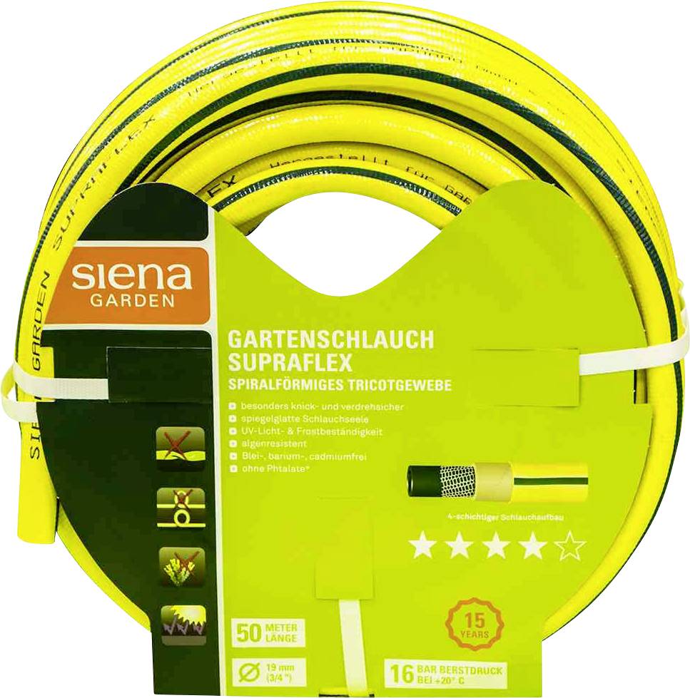 Gartenschlauch 'Supraflex' von Siena Garden, 50 Meter lang, gelb. Geeignet für Gärten; enthält Details zur Druckfestigkeit und Garantie.