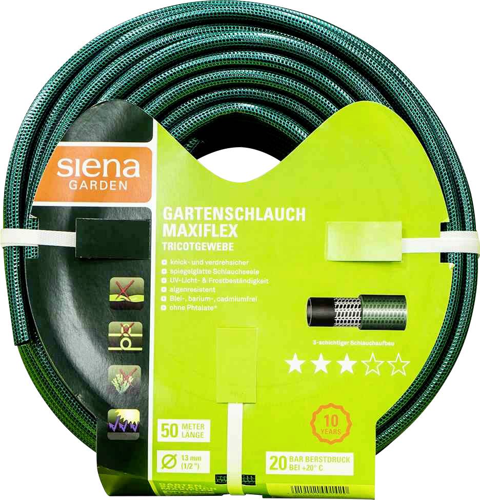 Gartenschlauch Siena Garden Maxiflex, 50 m Länge, 1/2' Durchmesser, 20 bar Berstdruck, 10 Jahre Garantie, knick- und verdrehsicher.