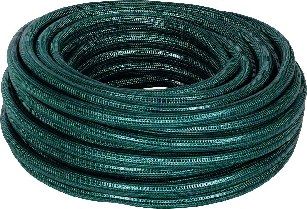 Grüner Gartenschlauch aus Gummi, dicht aufgerollt zu einer großen Spirale, bereit zur Verwendung im Garten oder bei der Bewässerung.