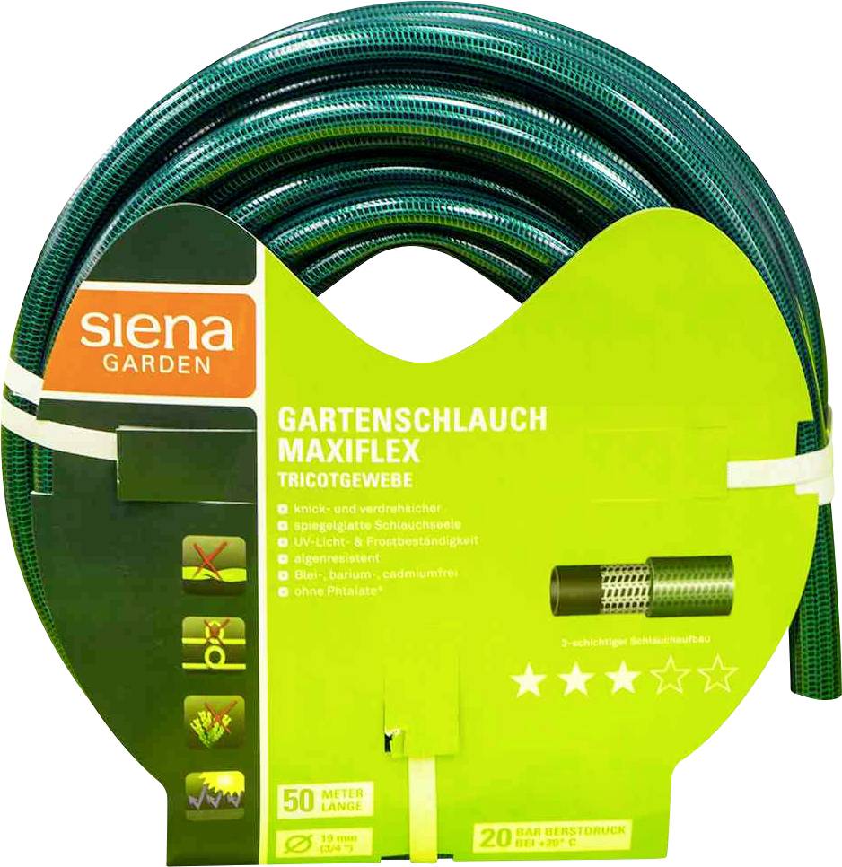 Gartenschlauch 'Maxiflex' von Siena Garden, 50 Meter, grün, 20 bar Druckfestigkeit, flexibel, UV-beständig, Tricotgewebe.