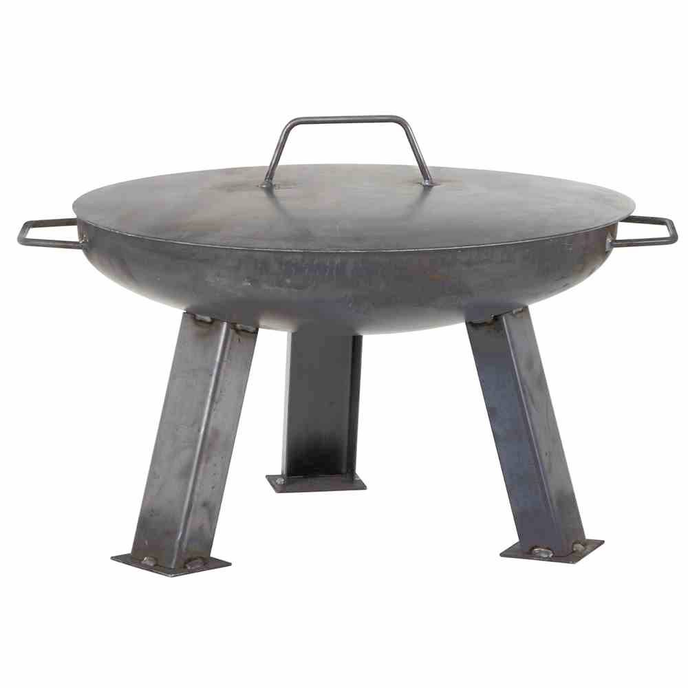 Ein metallischer Grilltopf mit Deckel und drei stabilen Beinen, geeignet für Outdoor-Kochen.