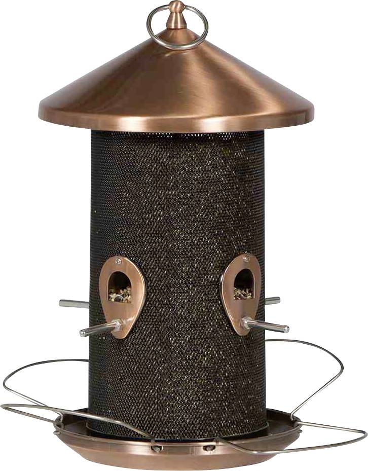 Ein bronzefarbener Vogelhäuschen-Futterspender mit mehreren Sitzstangen und Öffnungen zum Füttern von Vögeln.