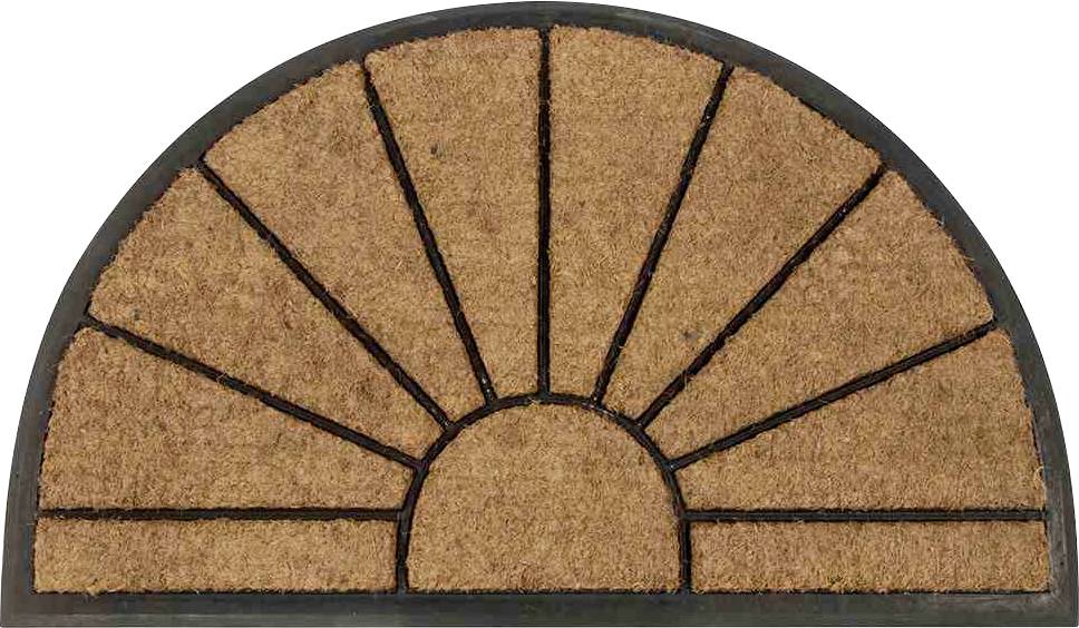 Halbrunder Fußabtreter mit sonnenstrahlenartigem Design aus Kokosfasern, umrahmt von schwarzem Gummi.