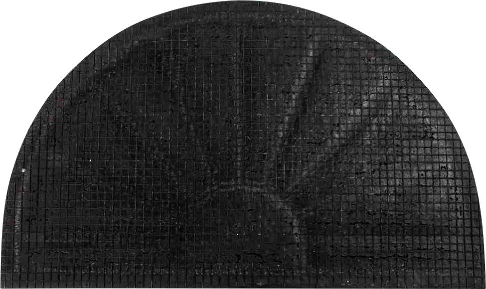 Schwarze Halbkreismatte mit rutschfester Oberfläche, ideal für Eingangsbereiche. Enthält ein geometrisches Strahlenmuster.