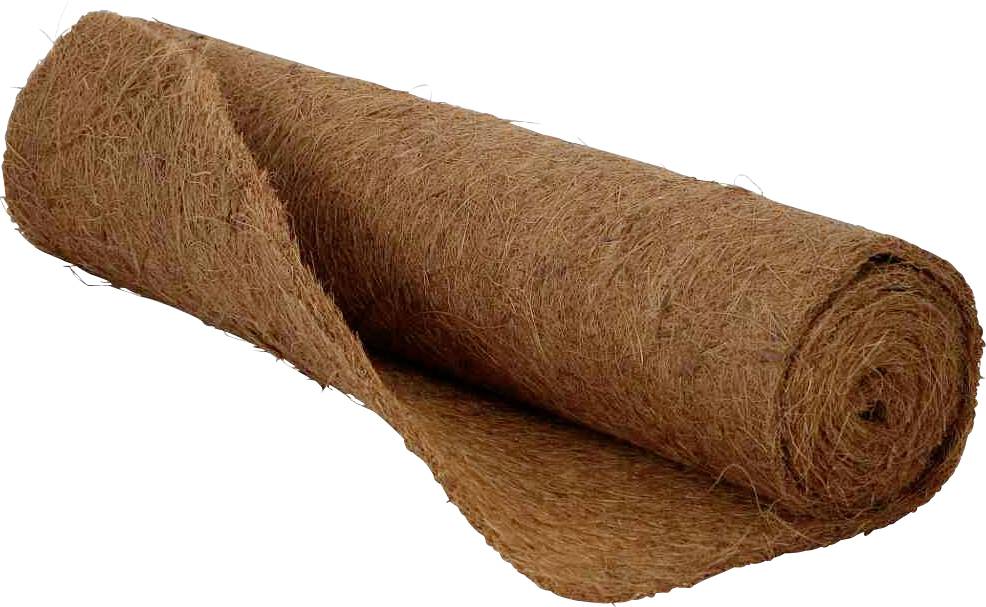 Eine aufgerollte Matte aus Kokosfasern, die als natürlicher Mulch oder Bodenabdeckung verwendet wird.