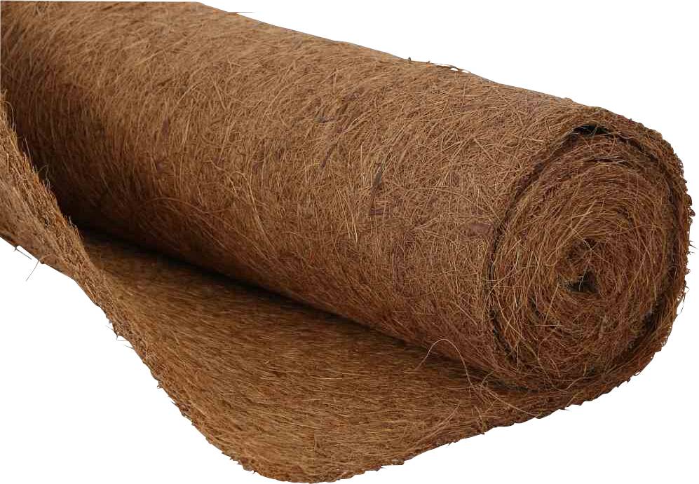 Eine gerollte Matte aus Kokosfasern, geeignet für Garten- oder Bauanwendungen. Sie zeigt die Textur und Materialstruktur.