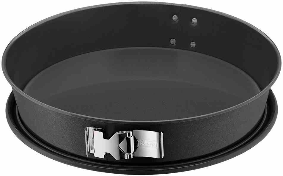 Schwarze Springform aus Metall mit herausnehmbarem Boden und silbernem Verschluss, geeignet zum Backen von Kuchen und Torten.