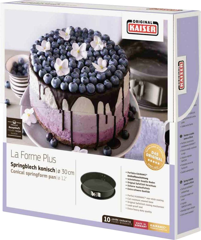 Verpackung einer Kaiser Springform La Forme Plus. Zeigt eine dekorative Schichttorte mit Schokoladenguss und Blaubeeren. Größe: 30 cm.